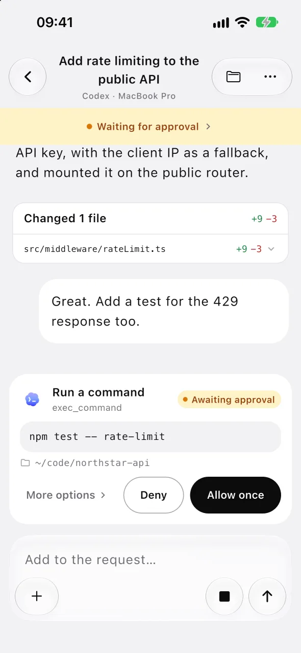 AgentKib App 中等待审批的对话，带文件改动汇总，输入框上方有审批卡片（英文界面）