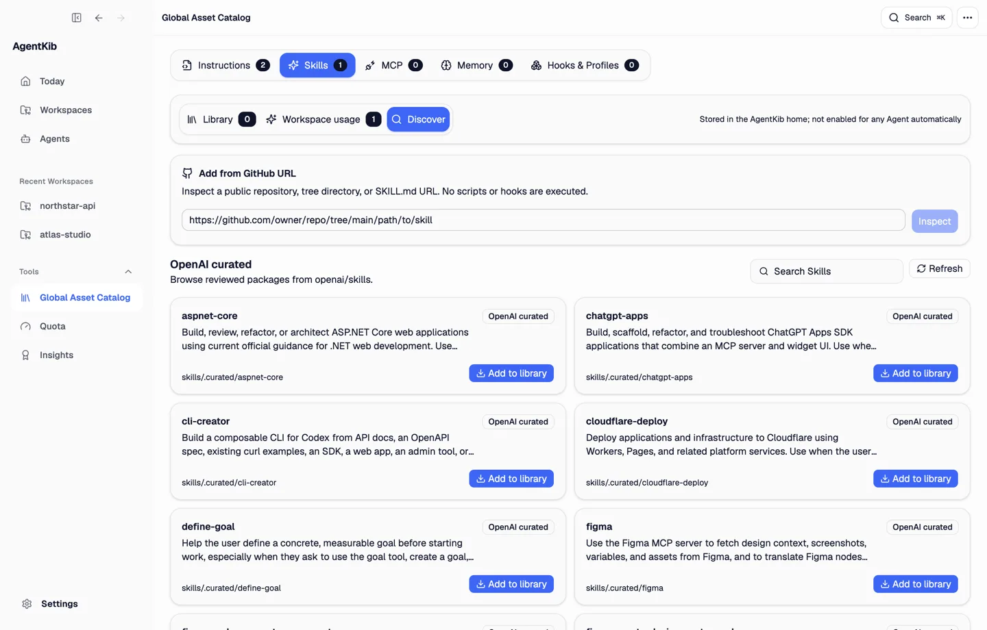 Skill Hub,展示经过审查的 OpenAI Skills 和“从 GitHub URL 添加”输入框